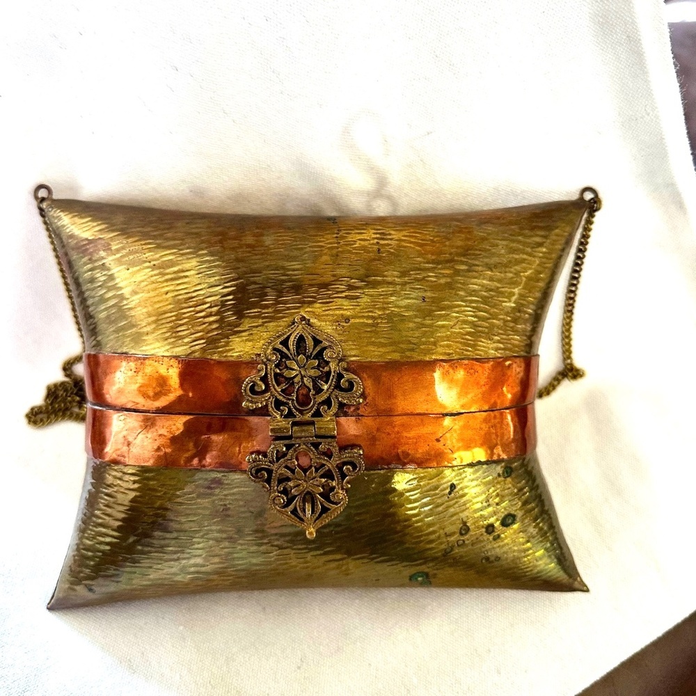 Antique 1930s Art Deco Brass Copper Pillow Purse Blue Velvet Lining
